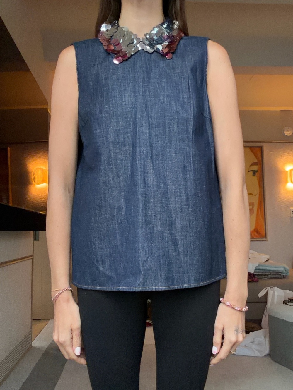 Miu Miu Navy Denim Sleeveless Top with Sequin Collar